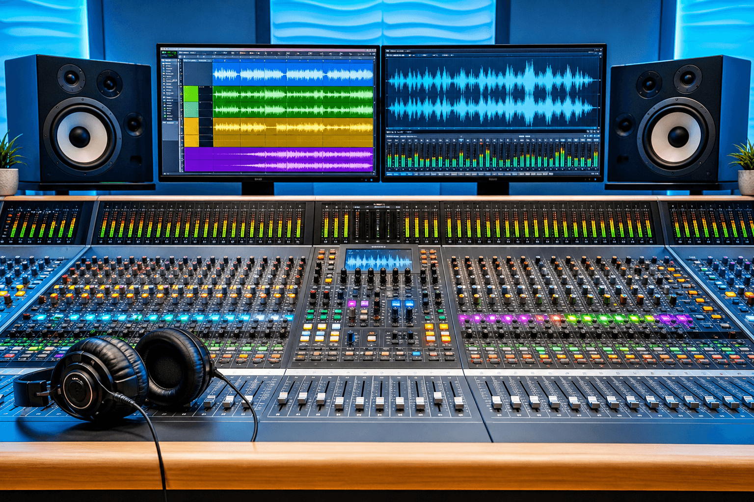 Bright studio mixing console showing all-in-one multi-track audio production.