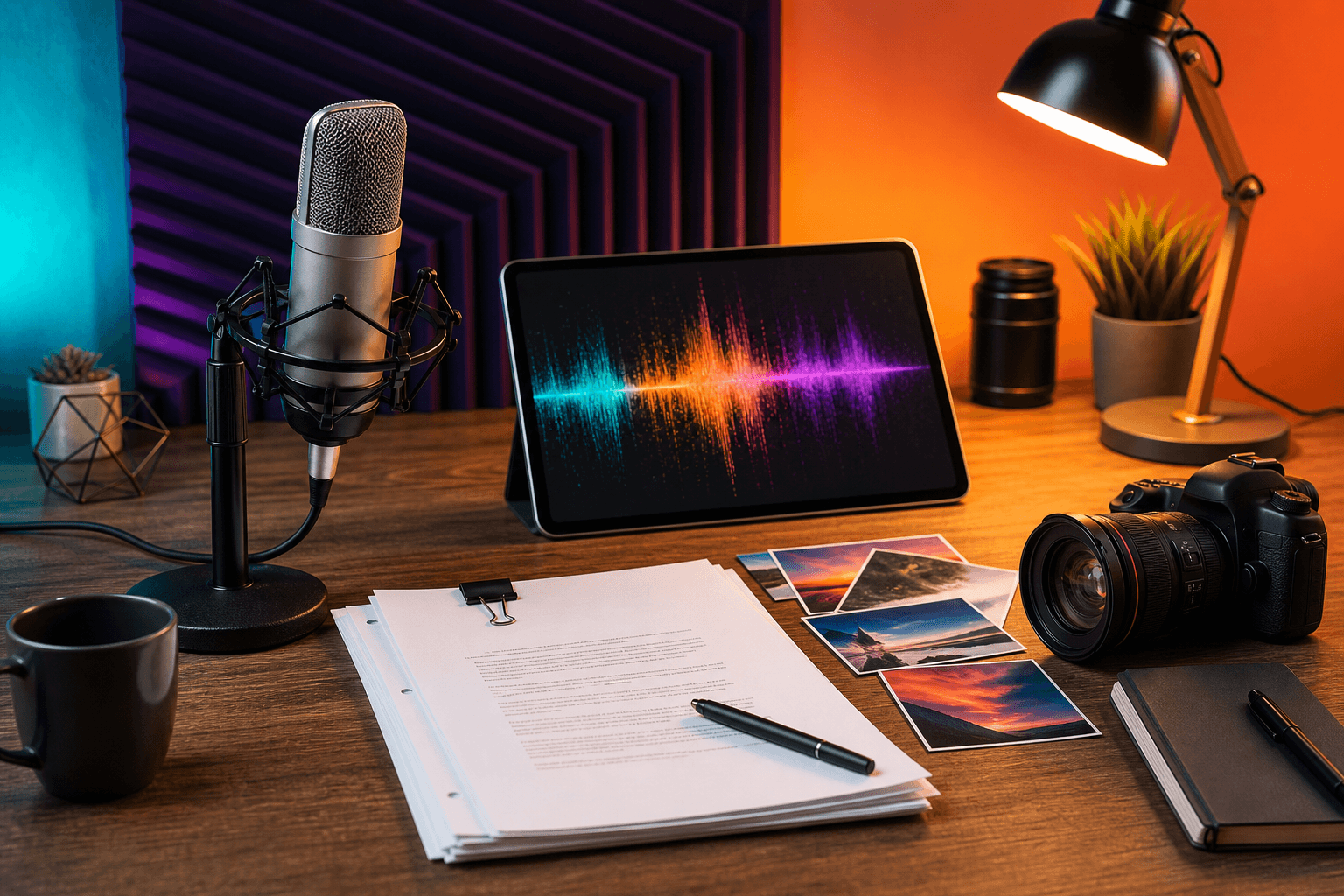 Creative studio desk with microphone, script and reference media for multimodal input.