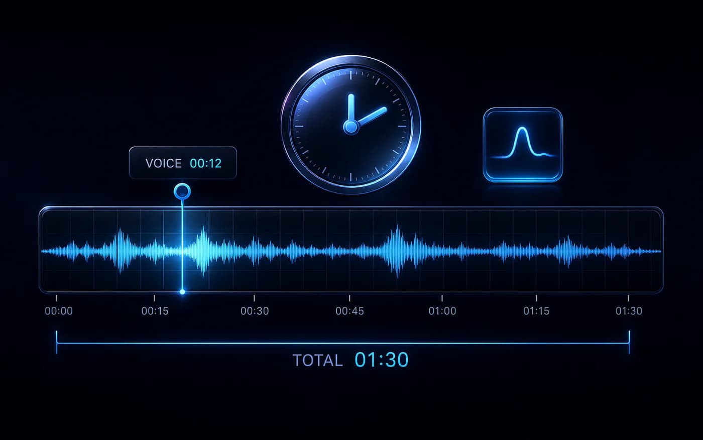 Audio waveform timeline showing total duration and a precisely placed voice entry marker.