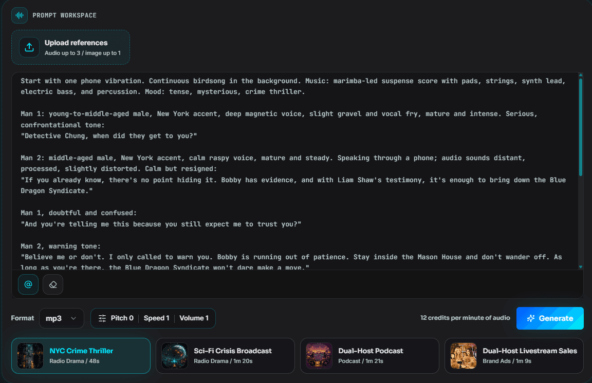 Seed Audio 1.0 prompt editor with multi-character script input.