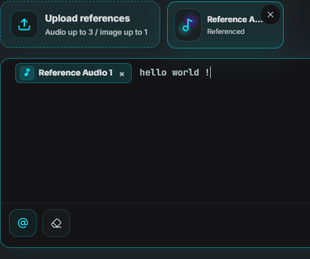 Reference upload panel for voice, music and image inputs.